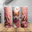 Cherry blossom Shiba Inu stainless steel tumbler with pink floral petals, insulated skinny cup shown from multiple angles