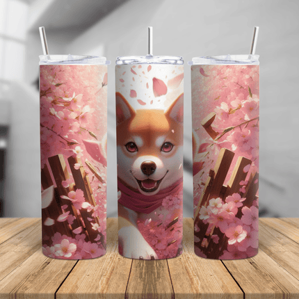 Cherry blossom Shiba Inu stainless steel tumbler with pink floral petals, insulated skinny cup shown from multiple angles