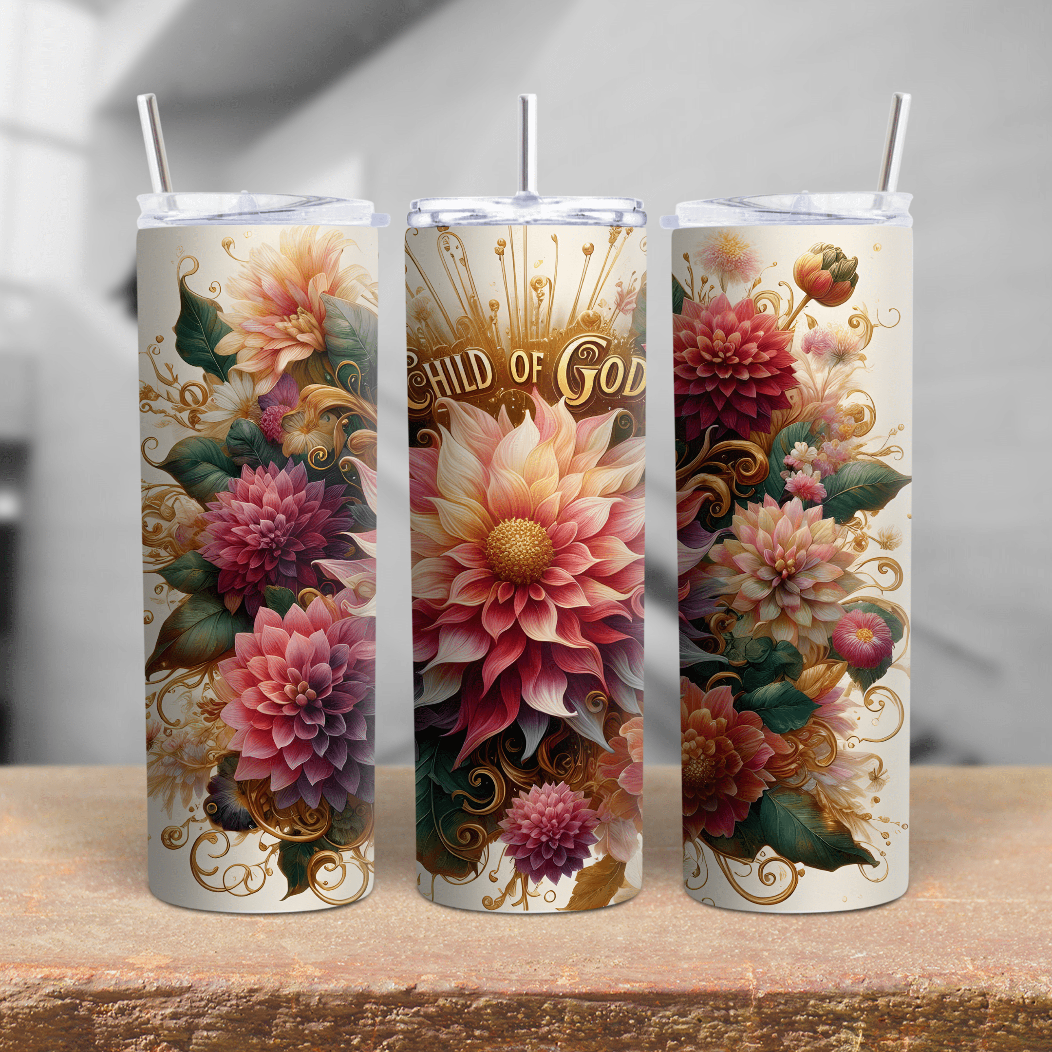 Child of God floral stainless steel tumbler with elegant flowers, gold accents, and Christian faith message in a 360 design