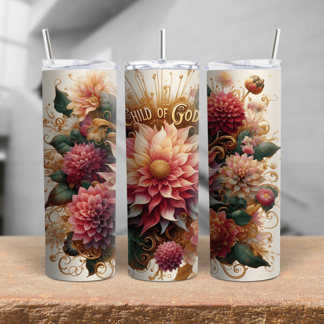 Child of God floral stainless steel tumbler with elegant flowers, gold accents, and Christian faith message in a 360 design