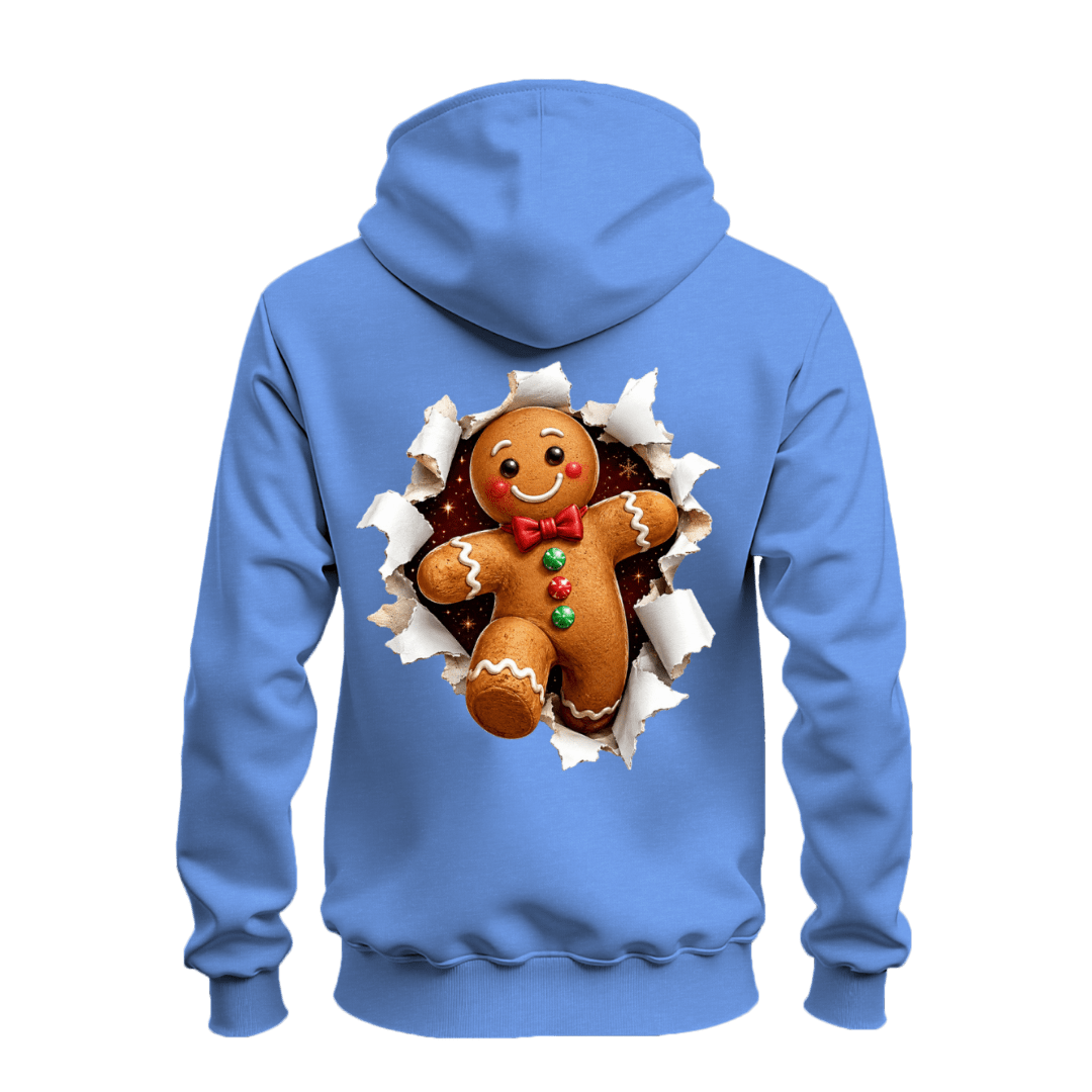 Carolina blue Christmas hoodie back view with large gingerbread man graphic breaking through a torn paper effect.