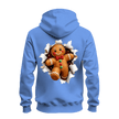 Carolina blue Christmas hoodie back view with large gingerbread man graphic breaking through a torn paper effect.
