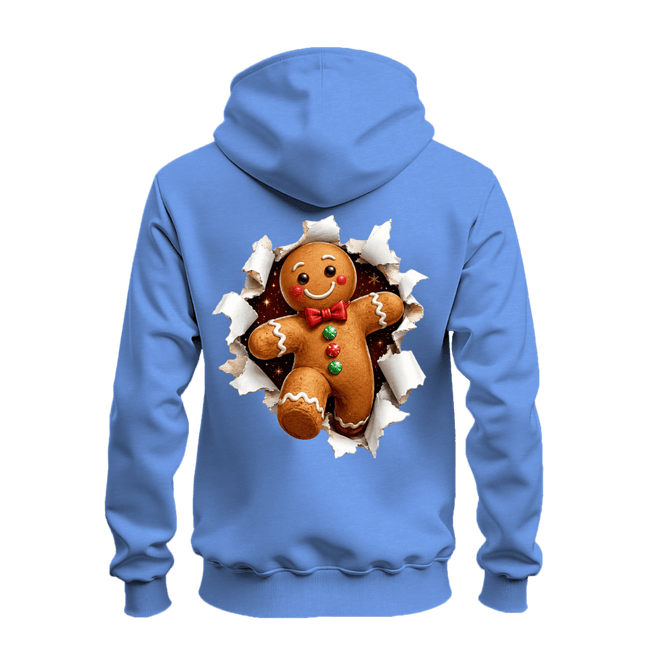 Carolina blue Christmas hoodie back view with large gingerbread man graphic breaking through a torn paper effect.