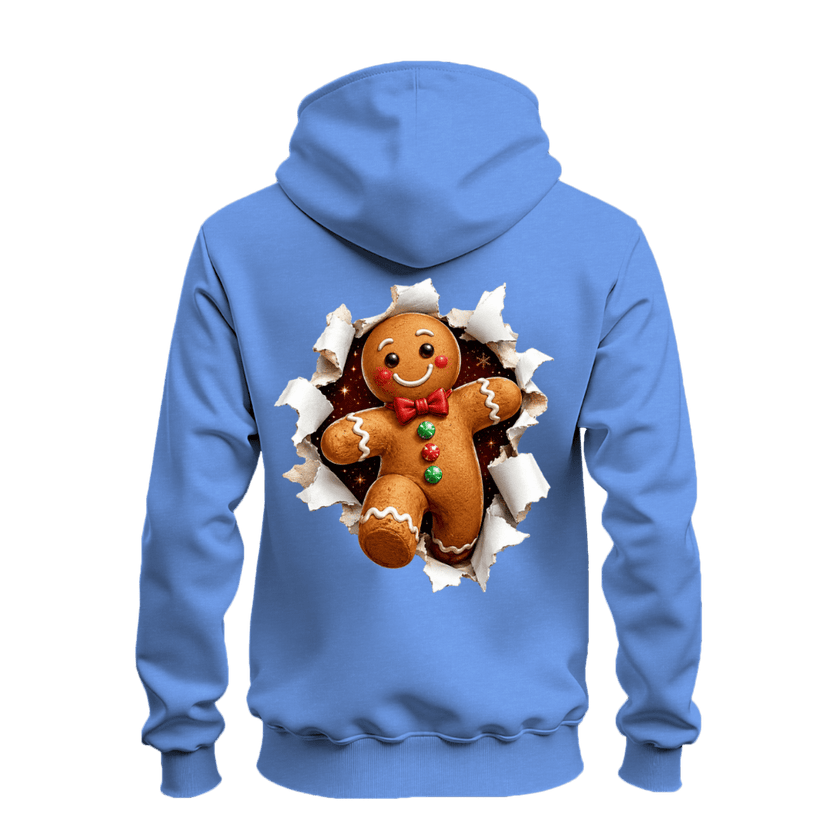 Carolina blue Christmas hoodie back view with large gingerbread man graphic breaking through a torn paper effect.
