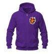 Purple Christmas gingerbread zip hoodie with small festive gingerbread peekaboo design positioned on the chest.