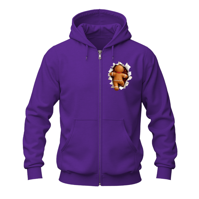 Purple Christmas gingerbread zip hoodie with small festive gingerbread peekaboo design positioned on the chest.
