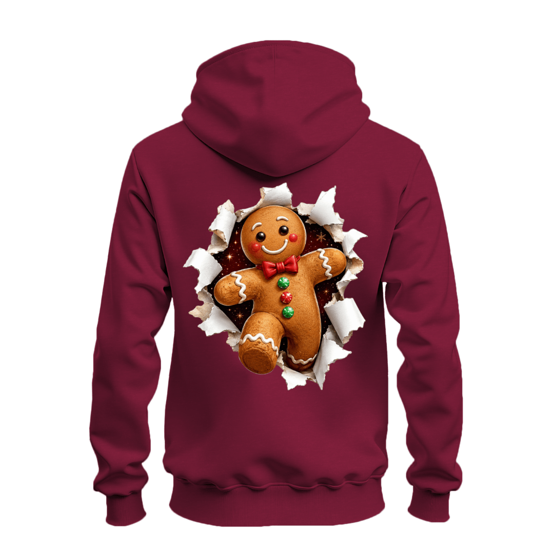 Maroon Christmas zip up hoodie with large smiling gingerbread man holiday graphic displayed across the back.