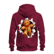 Maroon Christmas zip up hoodie with large smiling gingerbread man holiday graphic displayed across the back.