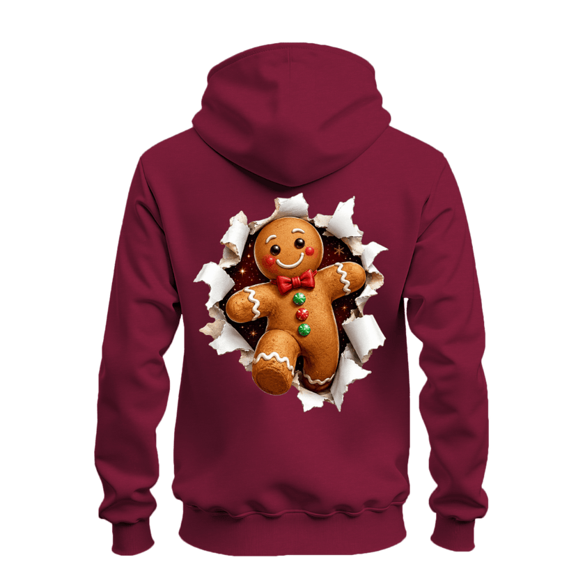 Maroon Christmas zip up hoodie with large smiling gingerbread man holiday graphic displayed across the back.