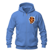 Carolina blue gingerbread Christmas zip up hoodie featuring a small festive gingerbread chest design and hood.