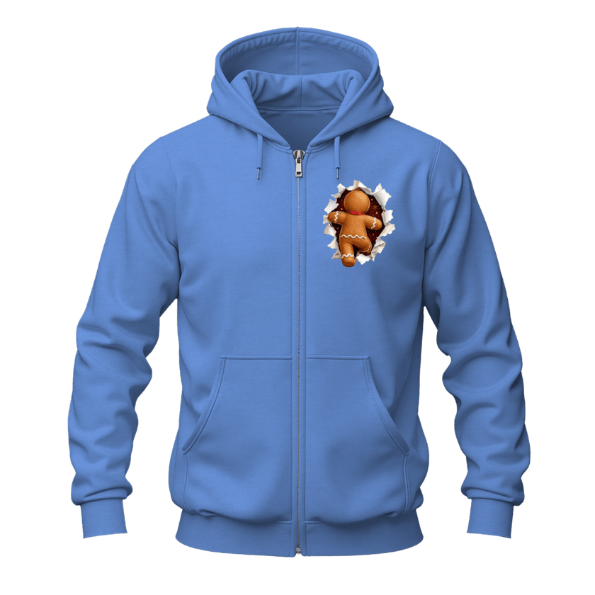 Carolina blue gingerbread Christmas zip up hoodie featuring a small festive gingerbread chest design and hood.