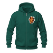 Forest green Christmas gingerbread zip up hoodie with festive gingerbread chest artwork and full zipper front.