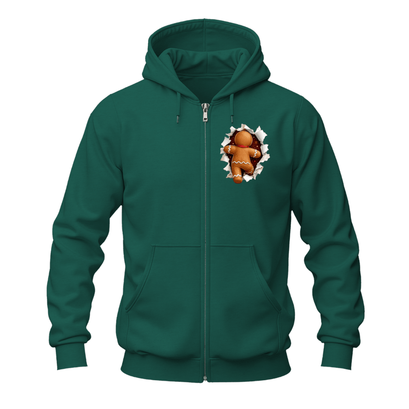 Forest green Christmas gingerbread zip up hoodie with festive gingerbread chest artwork and full zipper front.