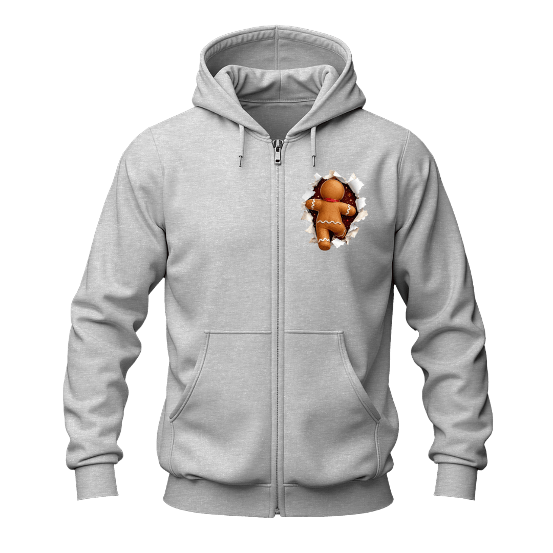 Sport grey Christmas gingerbread zip up hoodie with festive gingerbread chest design and classic casual styling.
