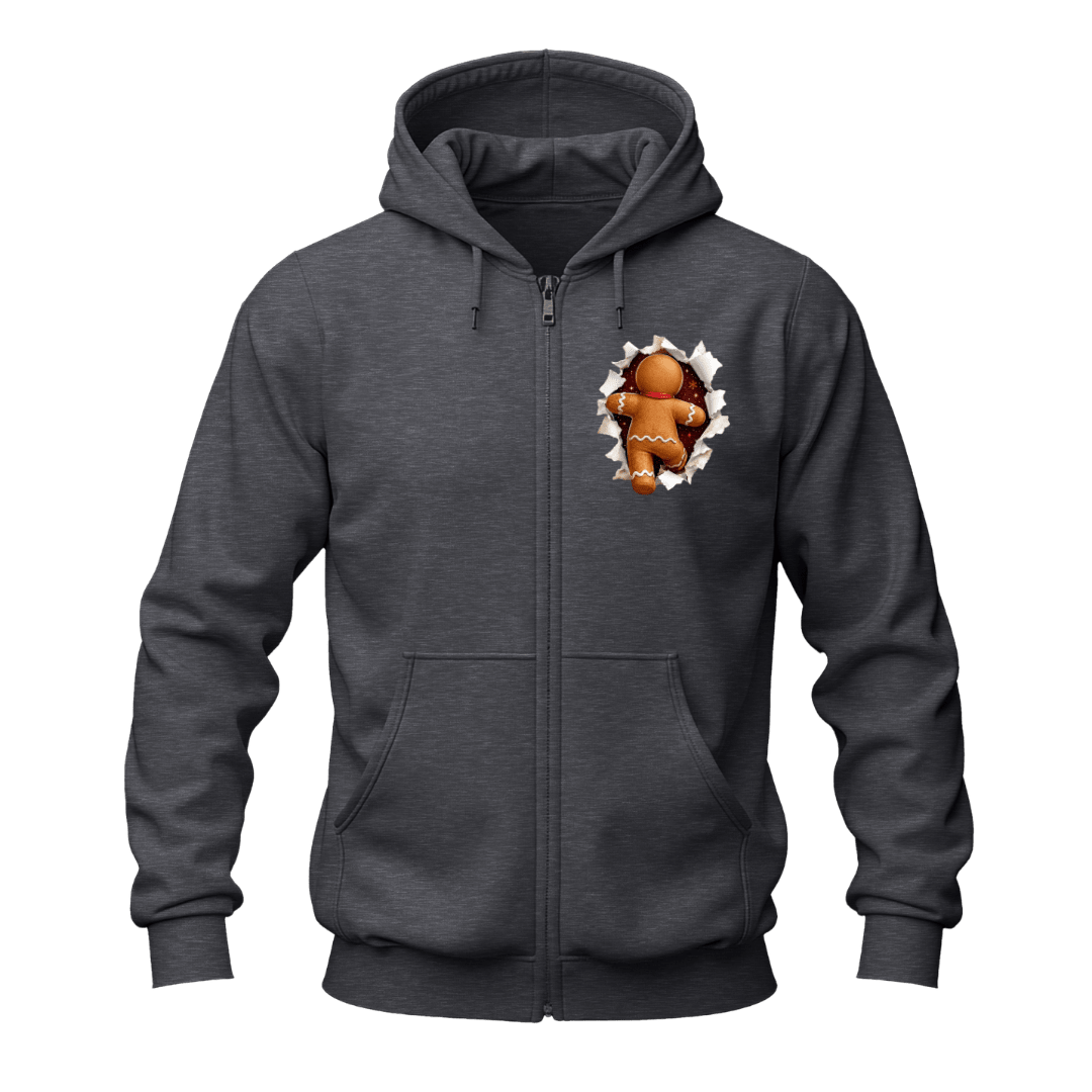 Dark heather Christmas gingerbread zip hoodie with small gingerbread peekaboo artwork on the front chest.