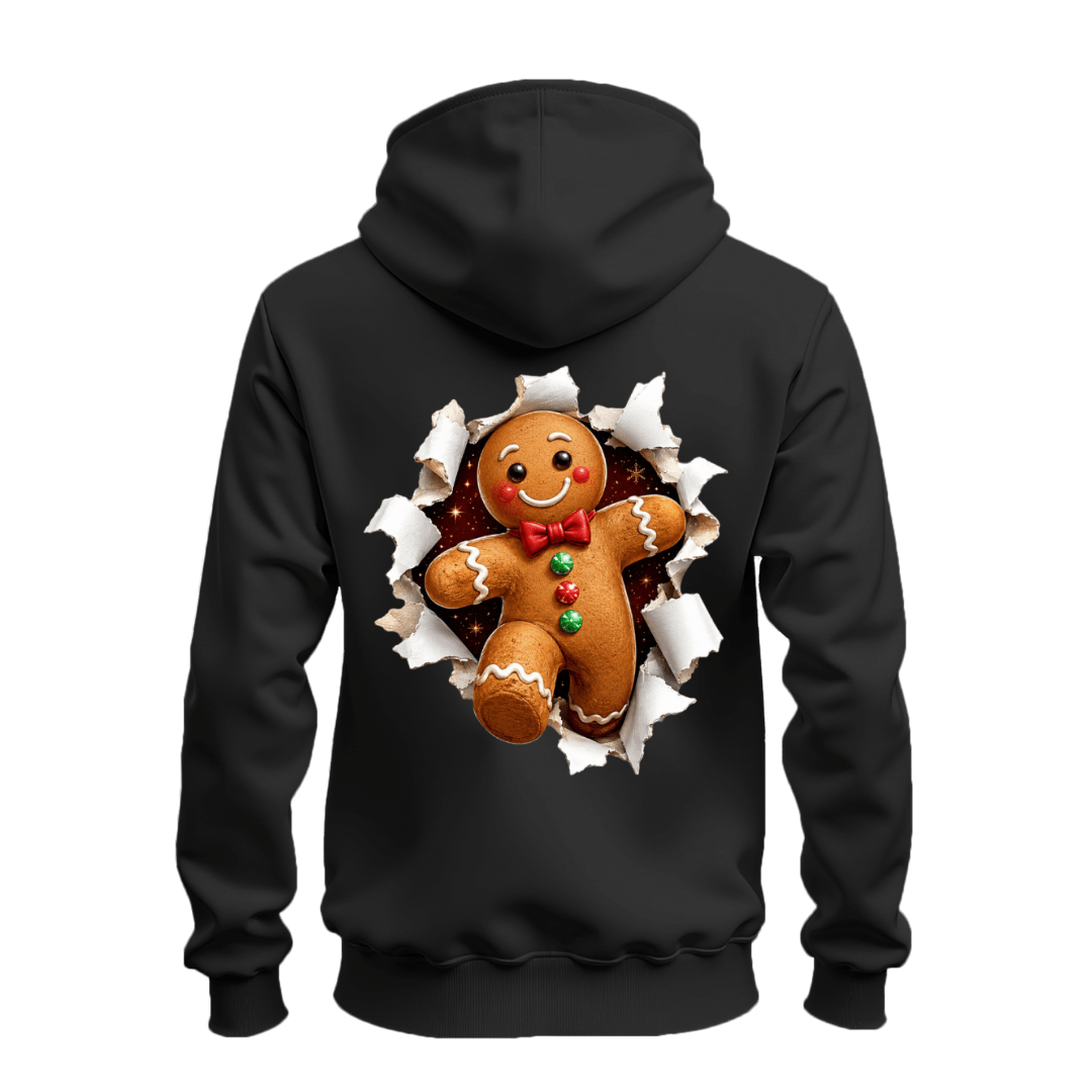 Black Christmas zip up hoodie with oversized gingerbread man torn paper illusion graphic printed across the back.