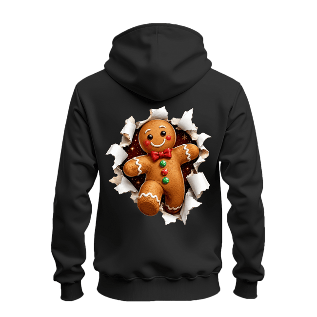 Black Christmas zip up hoodie with oversized gingerbread man torn paper illusion graphic printed across the back.