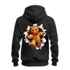 Black Christmas zip up hoodie with oversized gingerbread man torn paper illusion graphic printed across the back.