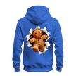 Back view of royal blue gingerbread Christmas hoodie featuring a large smiling gingerbread man bursting through torn paper.