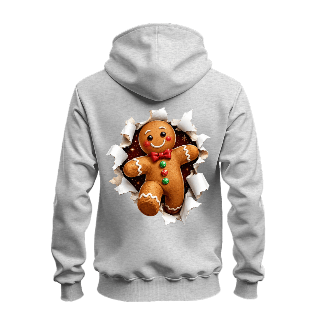 Sport grey holiday hoodie with oversized gingerbread man Christmas artwork and dimensional torn paper back effect.