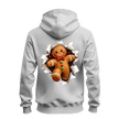 Sport grey holiday hoodie with oversized gingerbread man Christmas artwork and dimensional torn paper back effect.