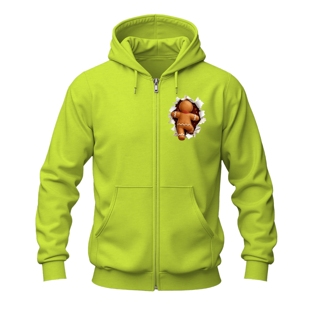 Safety green Christmas gingerbread zip hoodie with small peekaboo gingerbread artwork and front zipper closure.