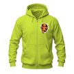 Safety green Christmas gingerbread zip hoodie with small peekaboo gingerbread artwork and front zipper closure.