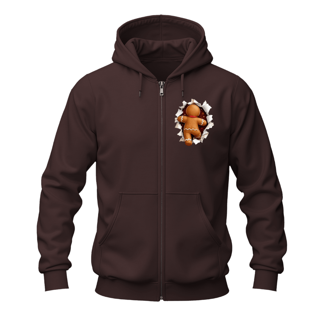 Dark chocolate Christmas gingerbread zip up hoodie with festive peekaboo gingerbread design on the chest.