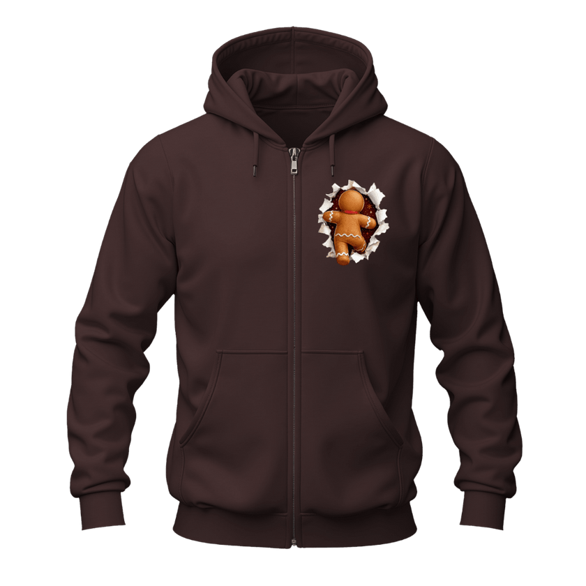 Dark chocolate Christmas gingerbread zip up hoodie with festive peekaboo gingerbread design on the chest.