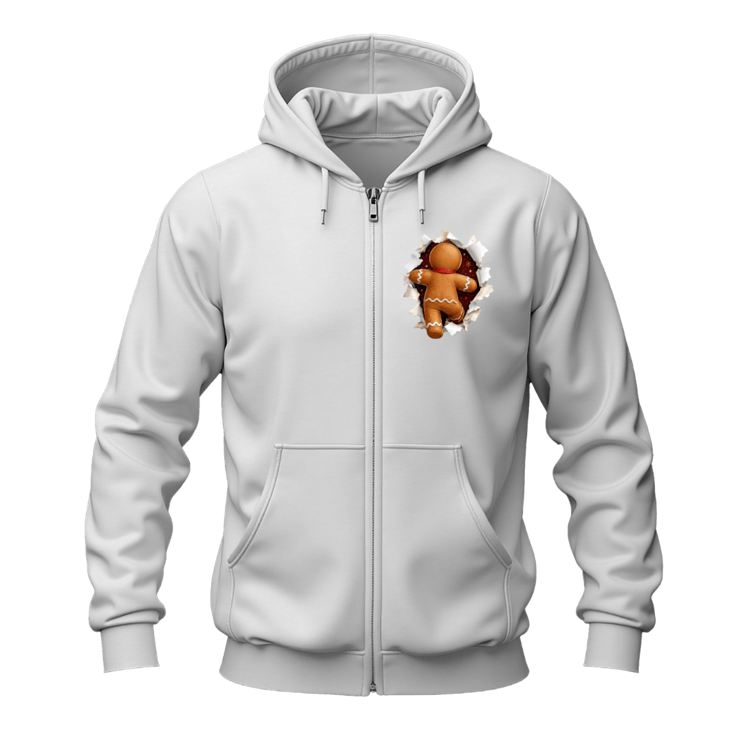 White Christmas gingerbread zip up hoodie featuring a small gingerbread peekaboo chest graphic and festive styling.