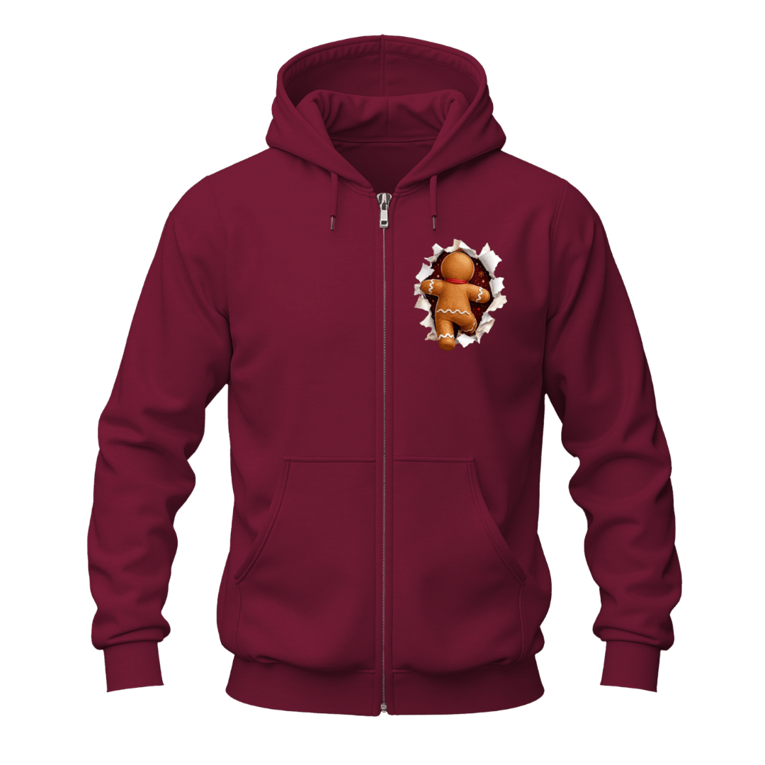 Maroon Christmas gingerbread zip hoodie with small gingerbread character peeking through the front chest design.