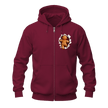 Maroon Christmas gingerbread zip hoodie with small gingerbread character peeking through the front chest design.