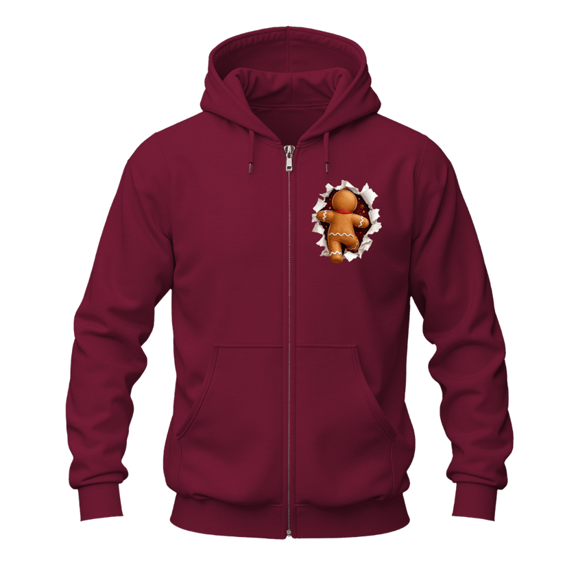 Maroon Christmas gingerbread zip hoodie with small gingerbread character peeking through the front chest design.