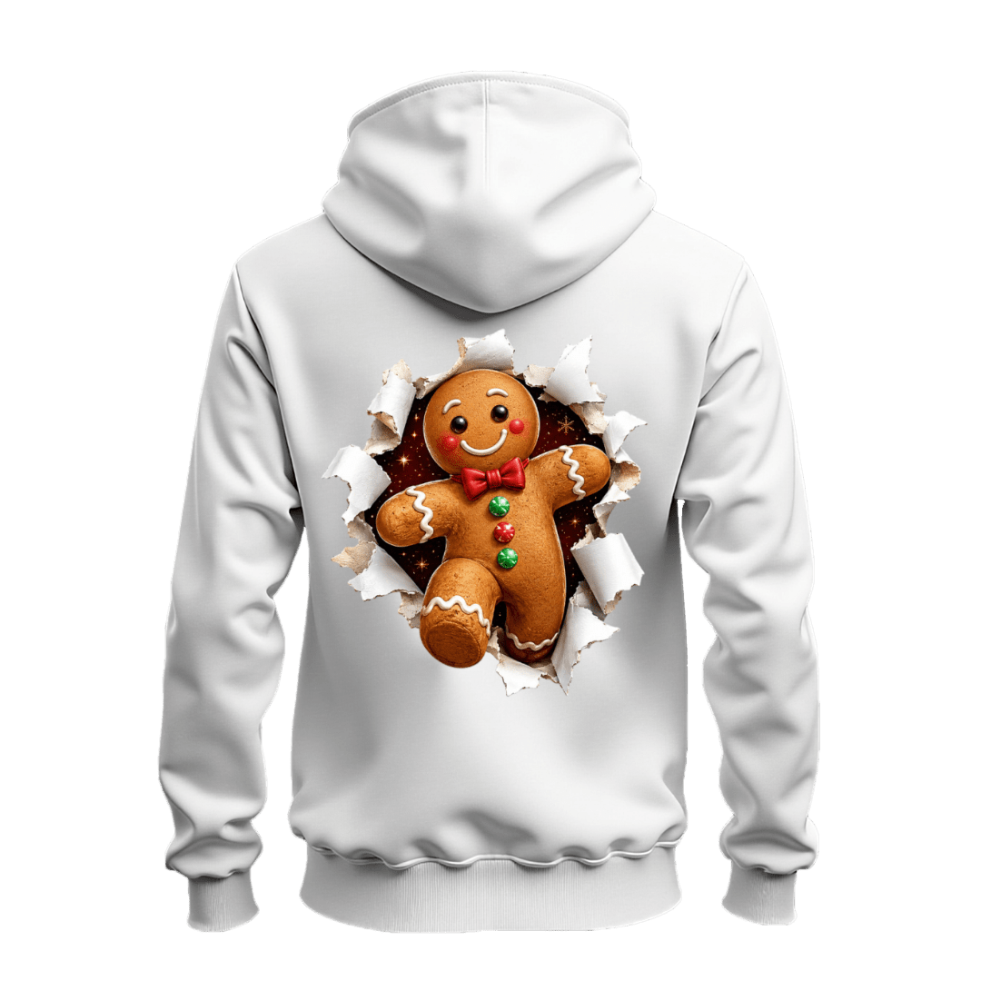 White gingerbread Christmas hoodie with large colourful gingerbread man bursting through torn paper across the back.