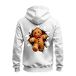 White gingerbread Christmas hoodie with large colourful gingerbread man bursting through torn paper across the back.