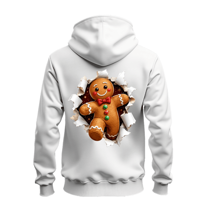 White gingerbread Christmas hoodie with large colourful gingerbread man bursting through torn paper across the back.