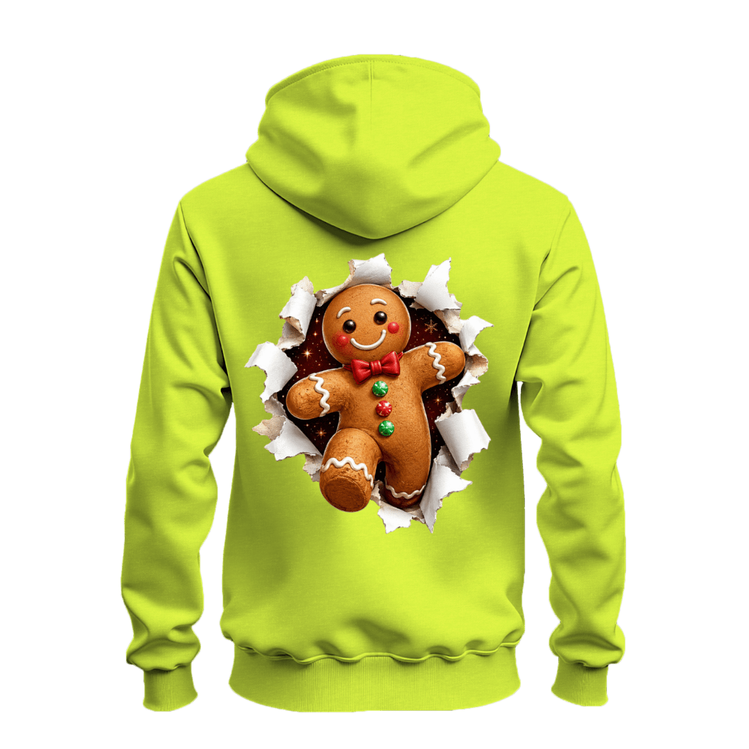 Safety green gingerbread Christmas hoodie featuring a bold smiling gingerbread man breakout graphic on the back.