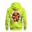 Safety green gingerbread Christmas hoodie featuring a bold smiling gingerbread man breakout graphic on the back.