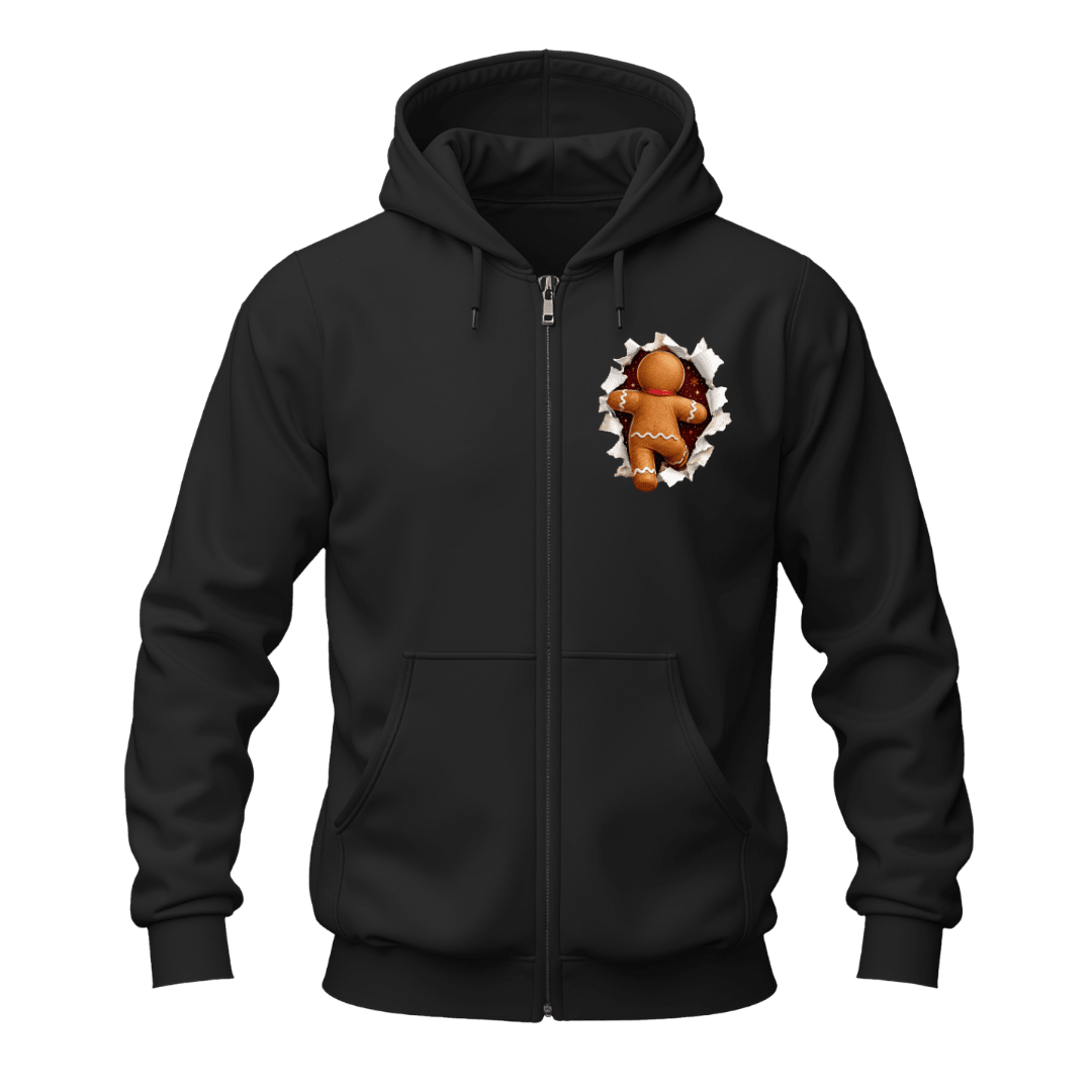 Black Christmas gingerbread zip hoodie with playful gingerbread character appearing through the left chest graphic.