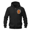 Black Christmas gingerbread zip hoodie with playful gingerbread character appearing through the left chest graphic.