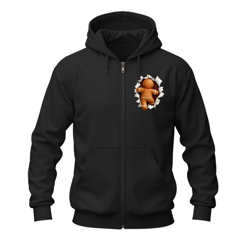 Black Christmas gingerbread zip hoodie with playful gingerbread character appearing through the left chest graphic.