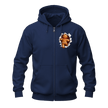 Navy Christmas gingerbread zip up hoodie featuring a small peekaboo gingerbread chest graphic and casual zip style.