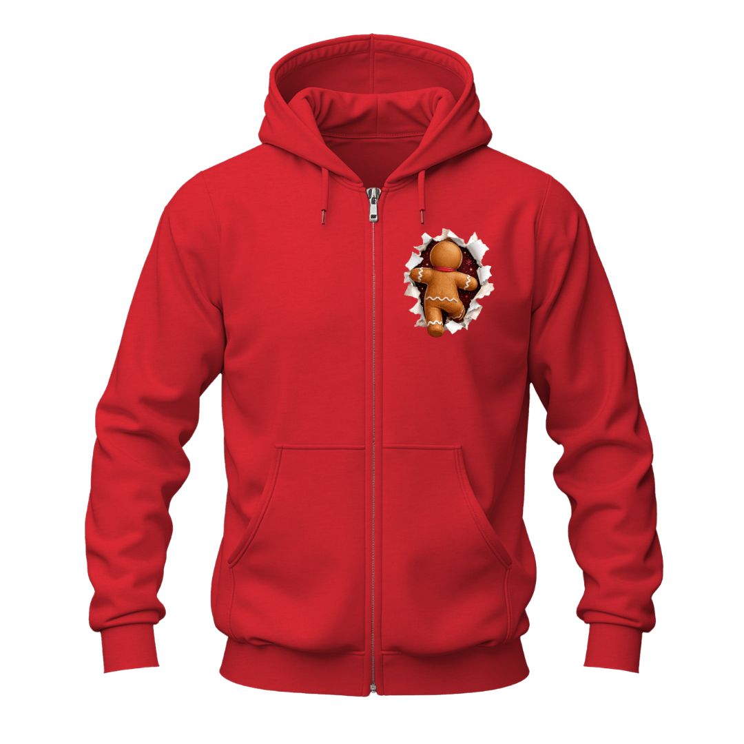 Red Christmas gingerbread zip up hoodie featuring a playful gingerbread character breaking through the chest design.