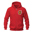 Red Christmas gingerbread zip up hoodie featuring a playful gingerbread character breaking through the chest design.