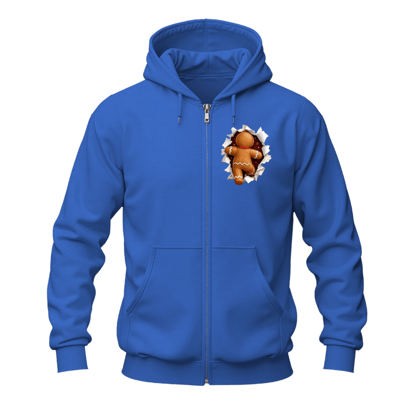 Royal blue Christmas gingerbread zip up hoodie with small peekaboo gingerbread chest graphic and full front zipper.