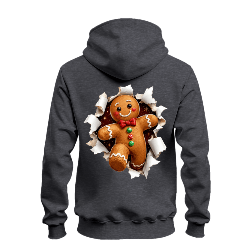 Dark heather gingerbread Christmas hoodie with large cheerful gingerbread man and torn paper illusion on the back.