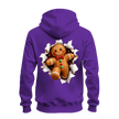 Purple holiday zip up hoodie featuring a large gingerbread man Christmas graphic bursting through the back.