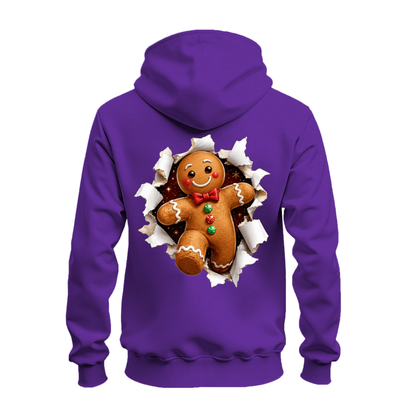 Purple holiday zip up hoodie featuring a large gingerbread man Christmas graphic bursting through the back.