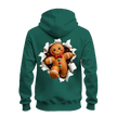 Forest green holiday hoodie featuring an oversized gingerbread man bursting through torn paper on the back.