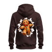 Dark chocolate holiday zip hoodie featuring a large Christmas gingerbread man bursting through the back graphic.